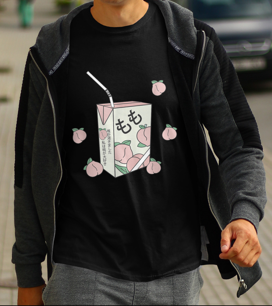 90s Japanese Aesthetic Otaku Anime Peach Juice Box With Kanji And Pastel Peaches T-Shirt