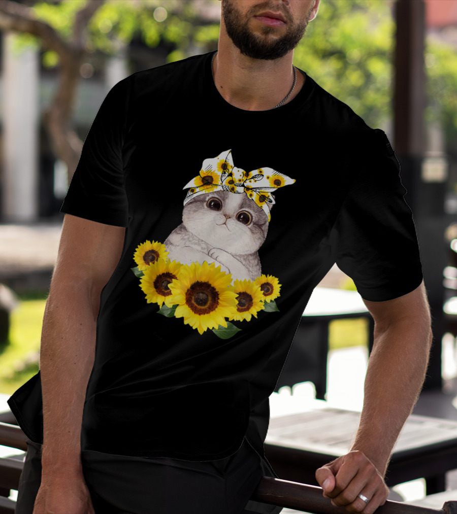 Sunflower Cat Headband Adorable Cats Lovers T-Shirt