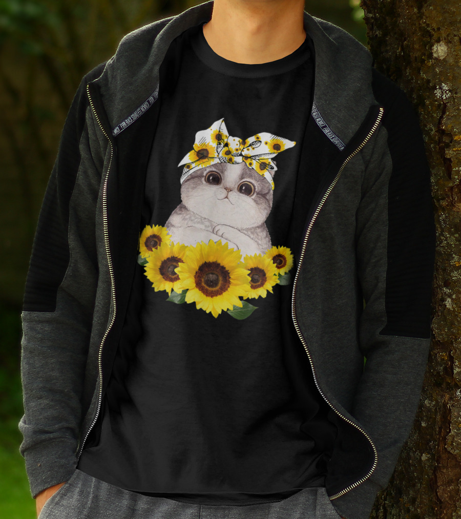 Sunflower Cat Headband Adorable Cats Lovers T-Shirt
