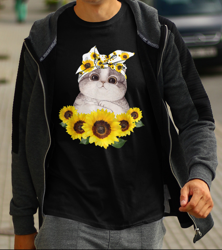 Sunflower Cat Headband Adorable Cats Lovers T-Shirt