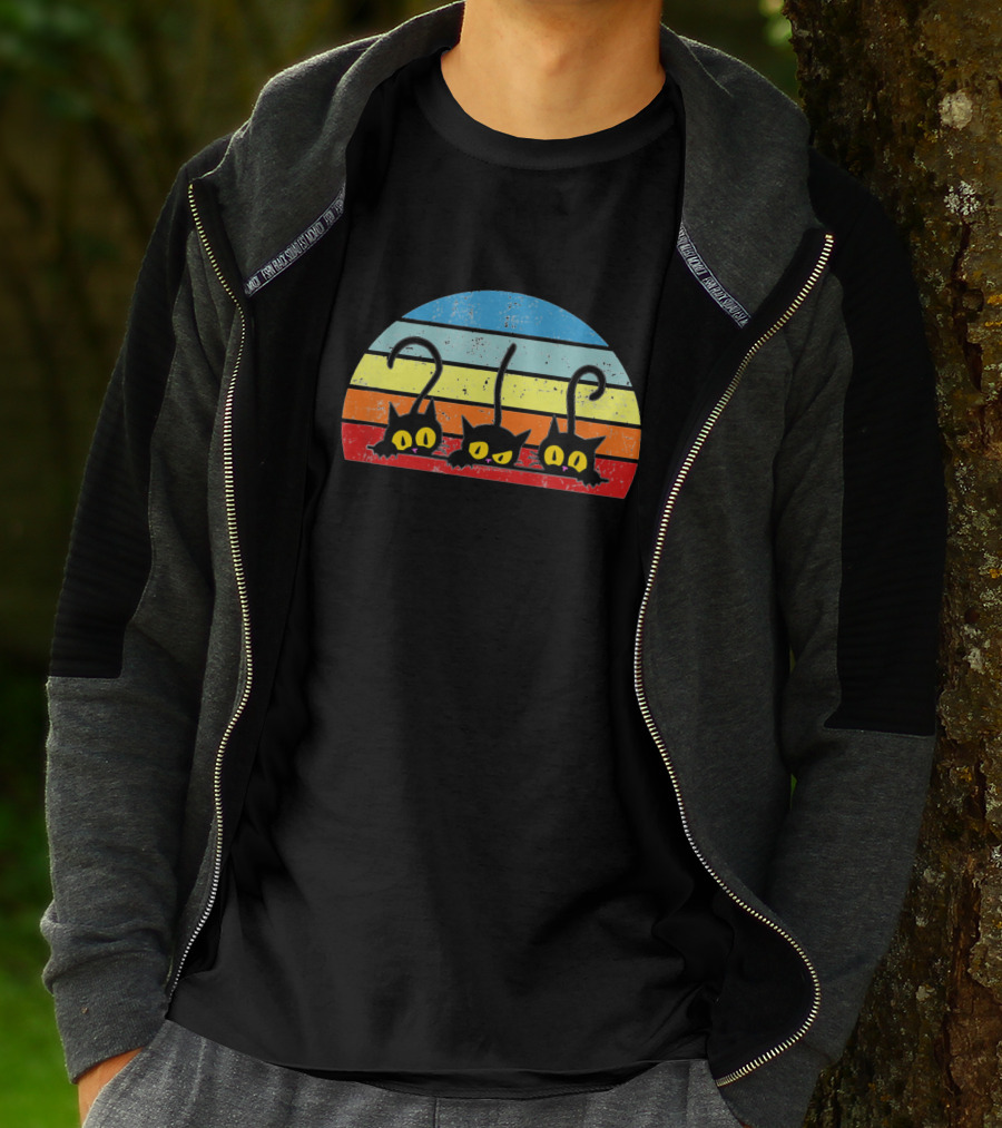 Three Playful Kitties Retro Striped Sunset Background T-Shirt