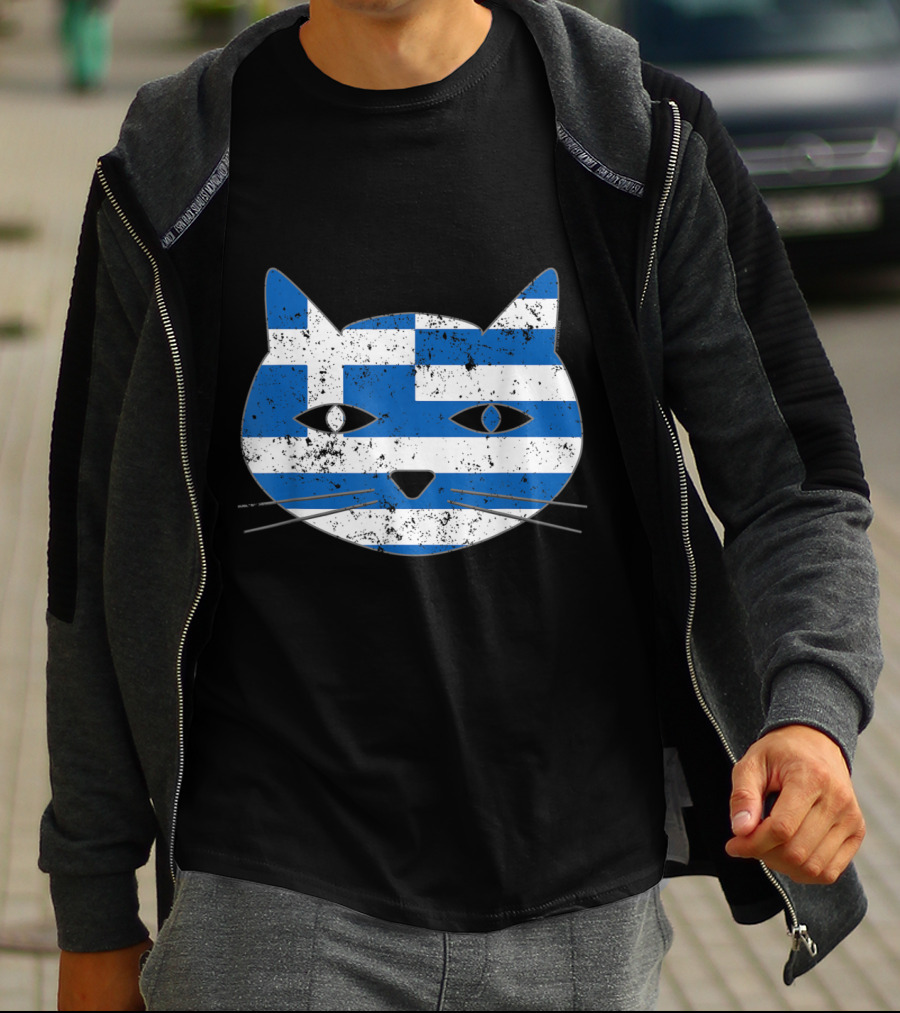 Greek Flag Cat Head Design For Cat Lovers T-Shirt