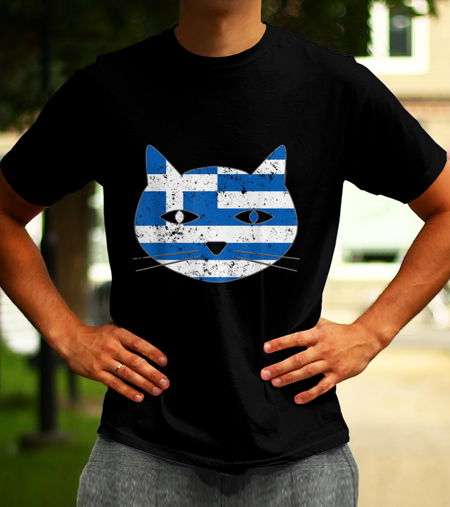 Greek Flag Cat Head Design For Cat Lovers T-Shirt