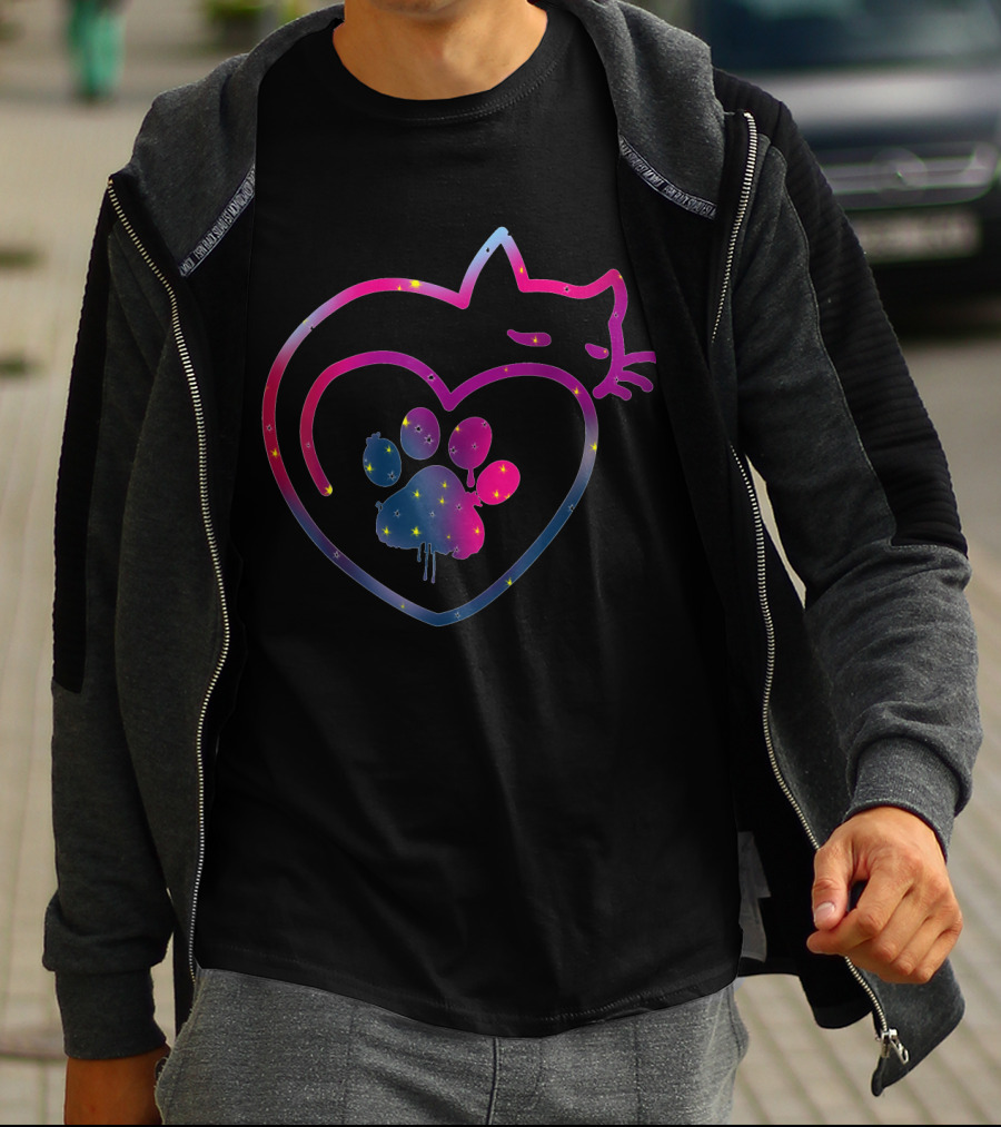 Cute Colorful Cat And Paw Heart Design For Kitty Lovers T-Shirt