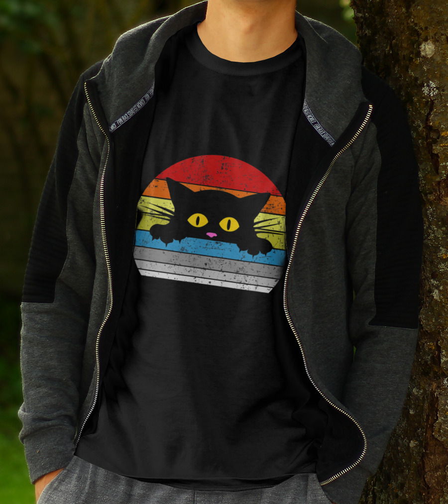 Vintage Rainbow Cat Peeking Retro 80s Style For Cat Lovers T-Shirt