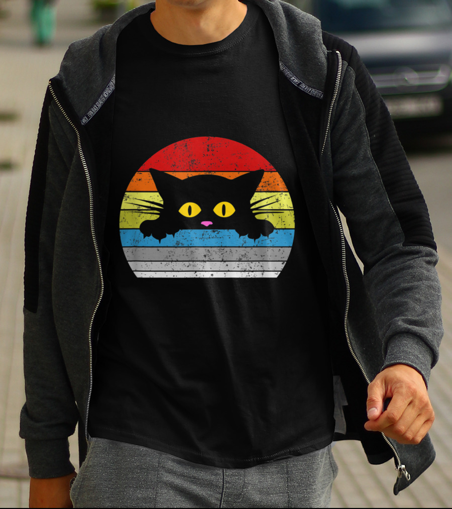 Vintage Rainbow Cat Peeking Retro 80s Style For Cat Lovers T-Shirt