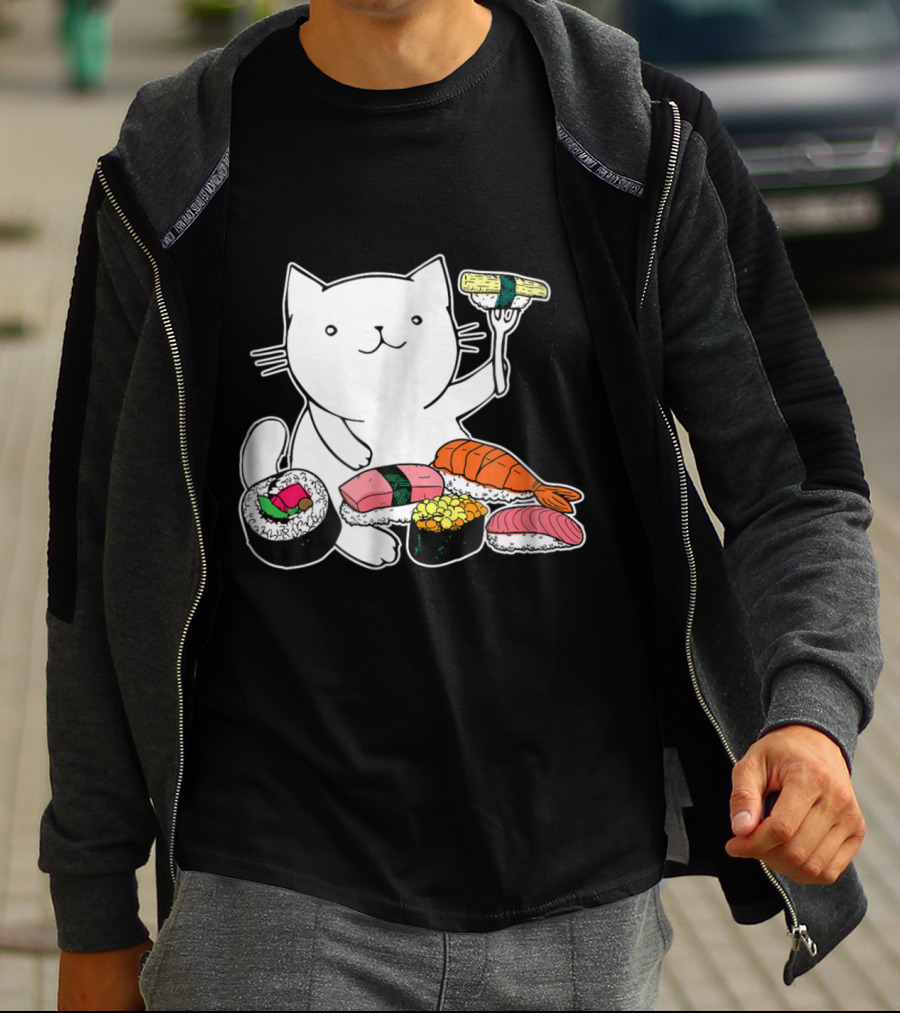 Playful Cat Enjoying Colorful Sushi Plate T-Shirt