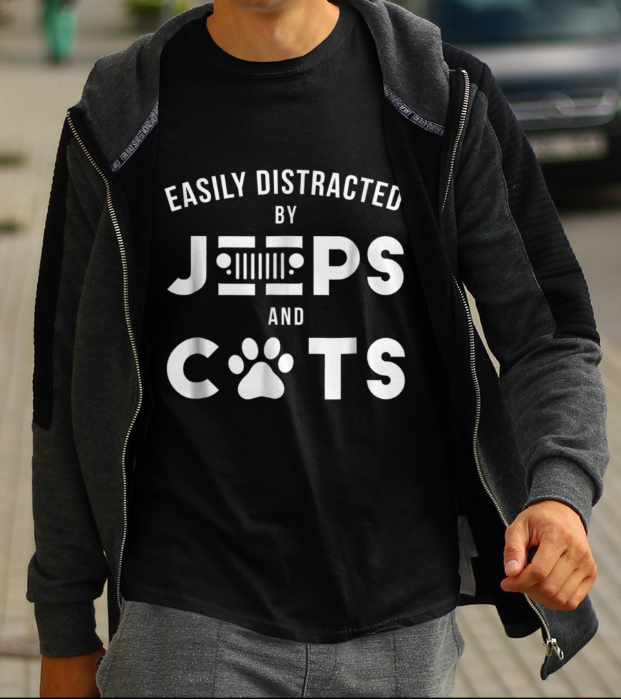 Easily Distracted By Jeeps Iconic Grille Design And Cats Paw Print Graphics T-Shirt