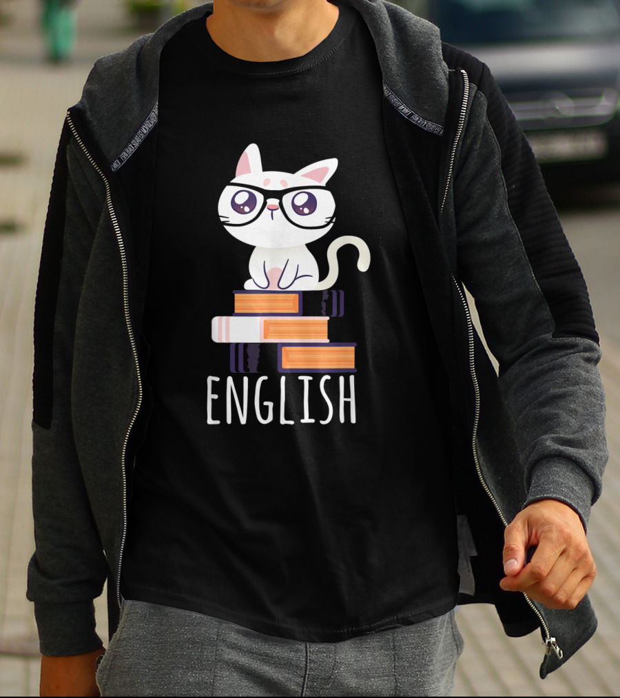 Funny Cat English Teacher Nerd Book Lover Librarian With Glasses And Books T-Shirt