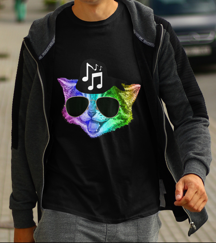 Colorful Rainbow DJ Music Kitty With Sunglasses And Hat For Feline Cat Lovers T-Shirt