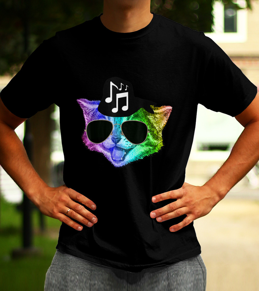 Colorful Rainbow DJ Music Kitty With Sunglasses And Hat For Feline Cat Lovers T-Shirt