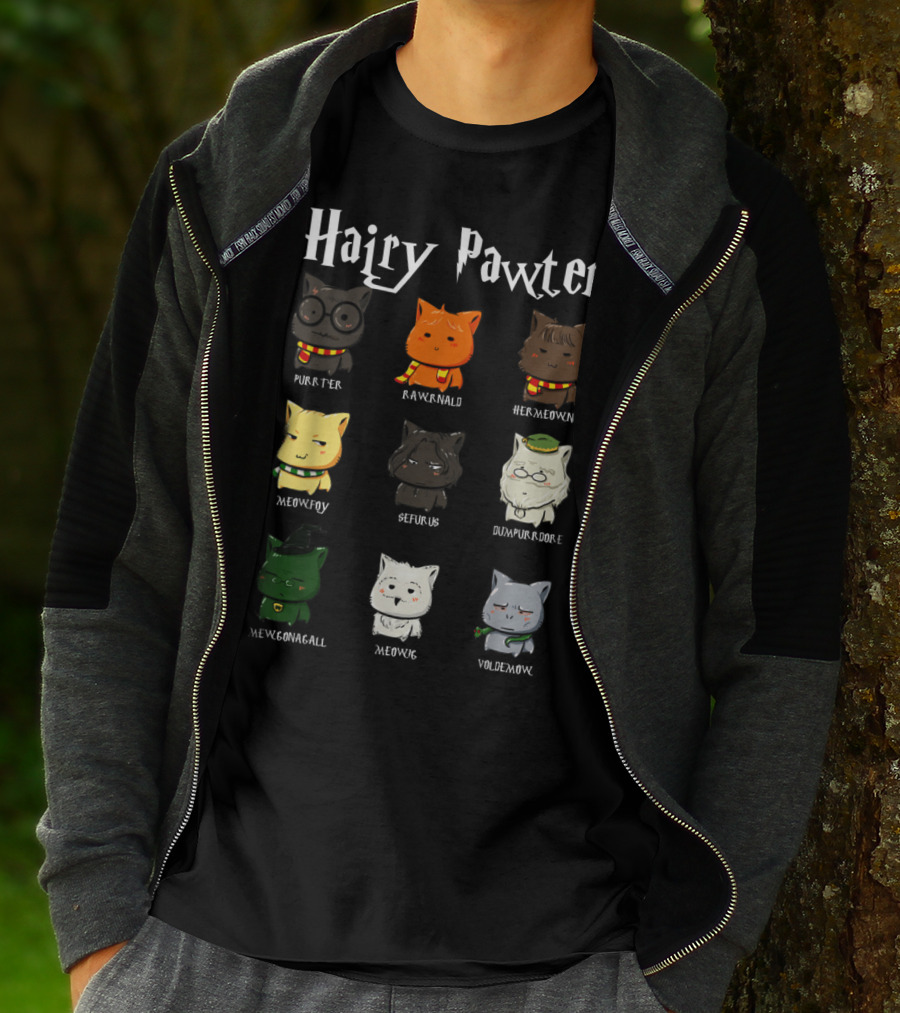 Hairy Pawter Purrter Rawrnald Hermeowne Meowfoy Seferus Dumblepurr Meowgonagall Meowg VoldeMew T-Shirt