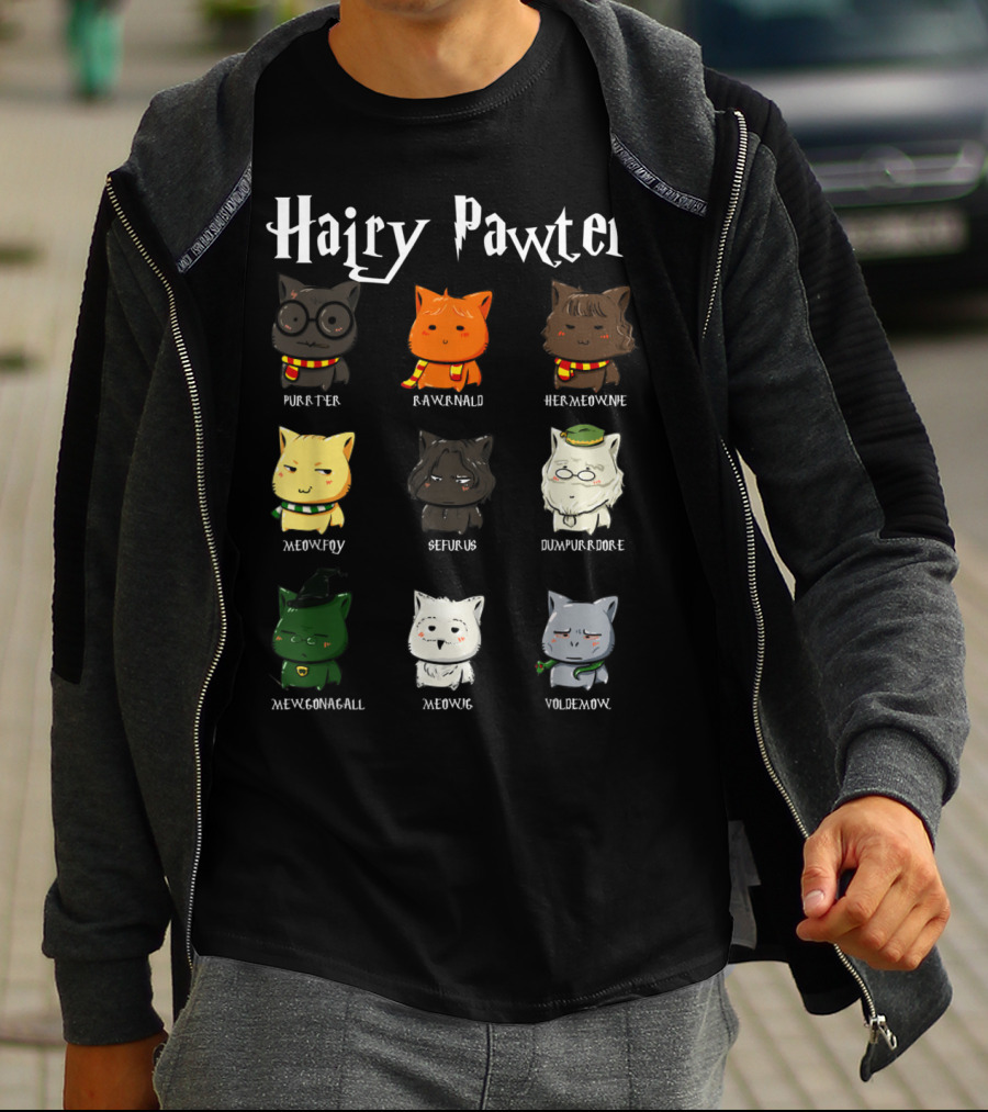 Hairy Pawter Purrter Rawrnald Hermeowne Meowfoy Seferus Dumblepurr Meowgonagall Meowg VoldeMew T-Shirt