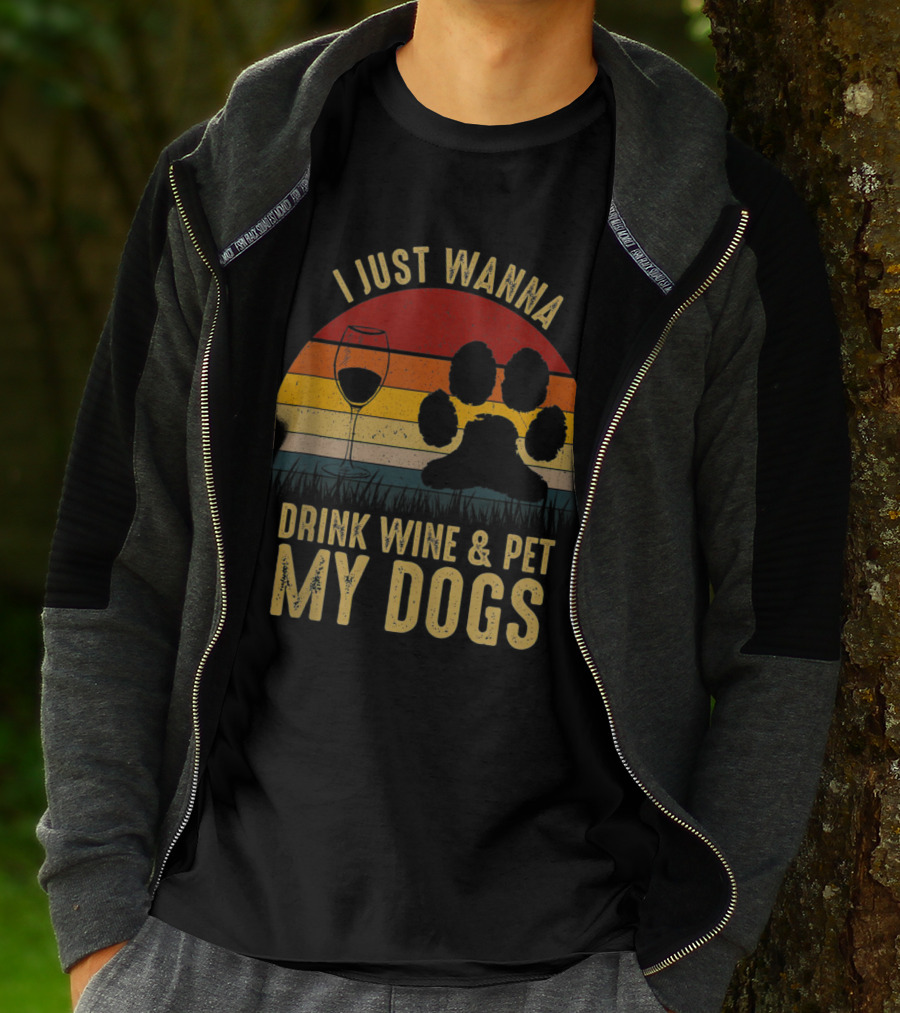 I Just Wanna Drink Wine And Pet My Dogs Retro Paw Print And Wine Glass Vintage Stripes T-Shirt