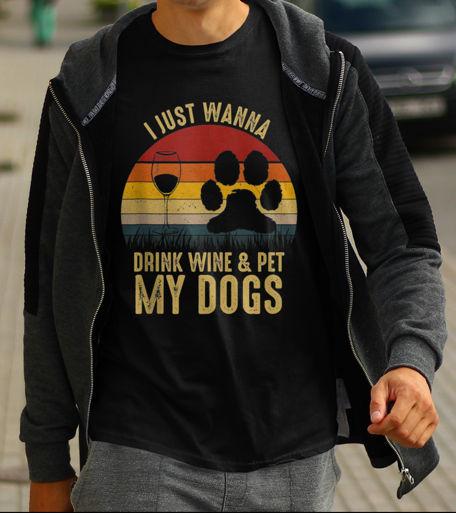 I Just Wanna Drink Wine And Pet My Dogs Retro Paw Print And Wine Glass Vintage Stripes T-Shirt