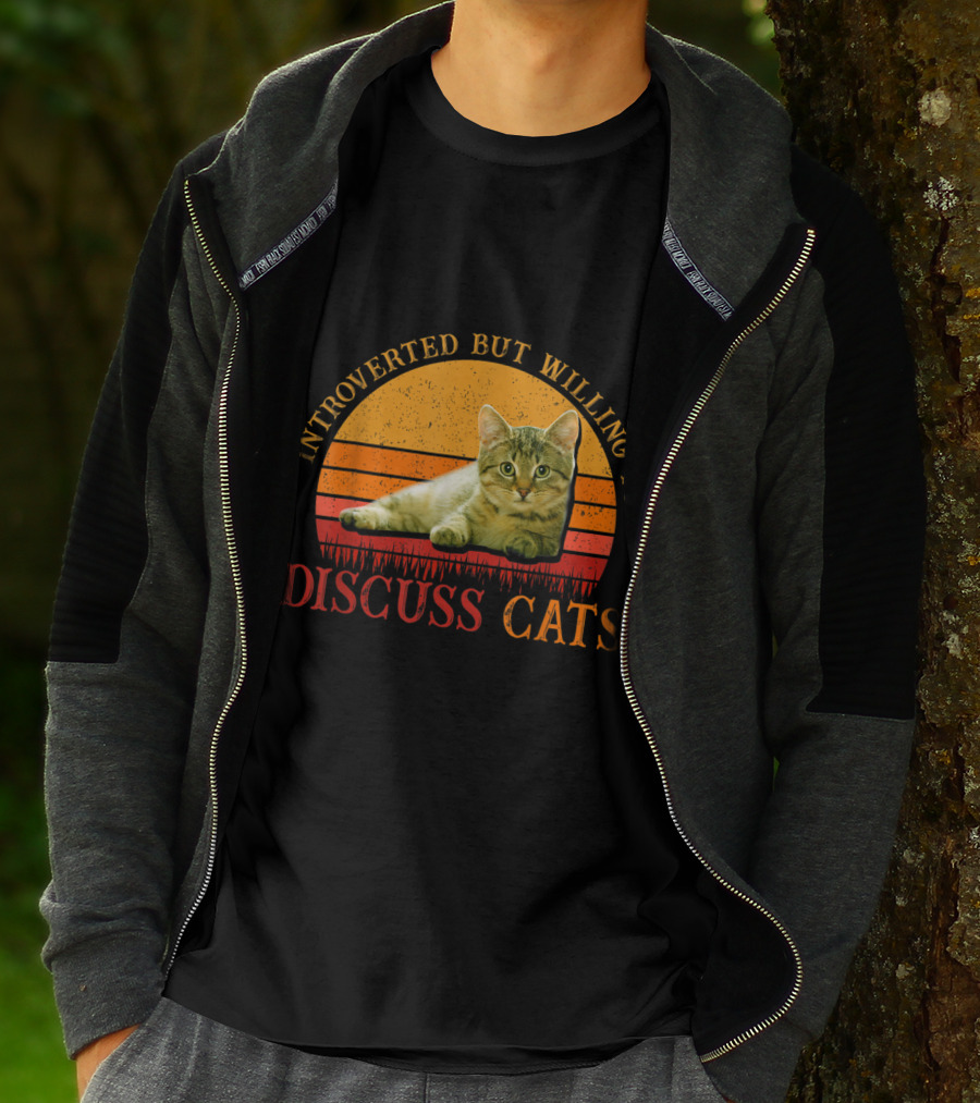 Introverted But Willing To Discuss Cats With Vintage Sunset Cat T-Shirt