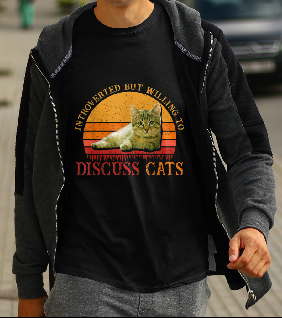 Introverted But Willing To Discuss Cats With Vintage Sunset Cat T-Shirt