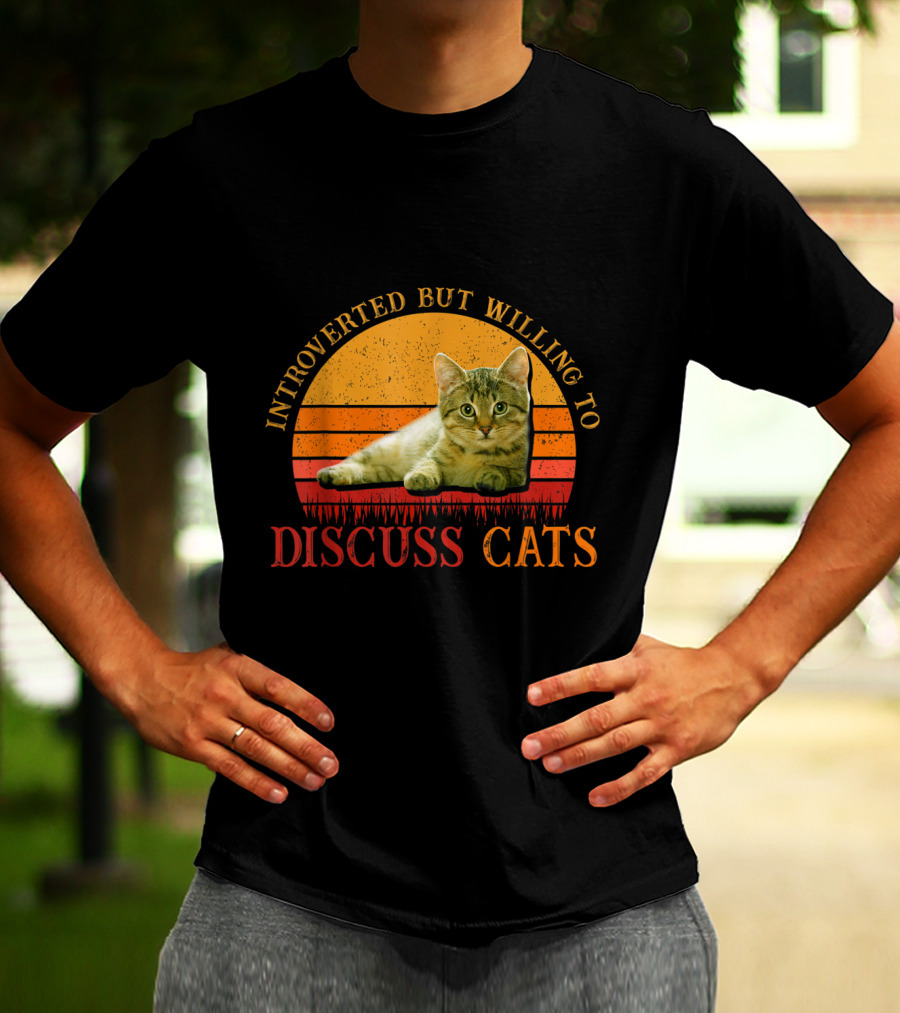 Introverted But Willing To Discuss Cats With Vintage Sunset Cat T-Shirt