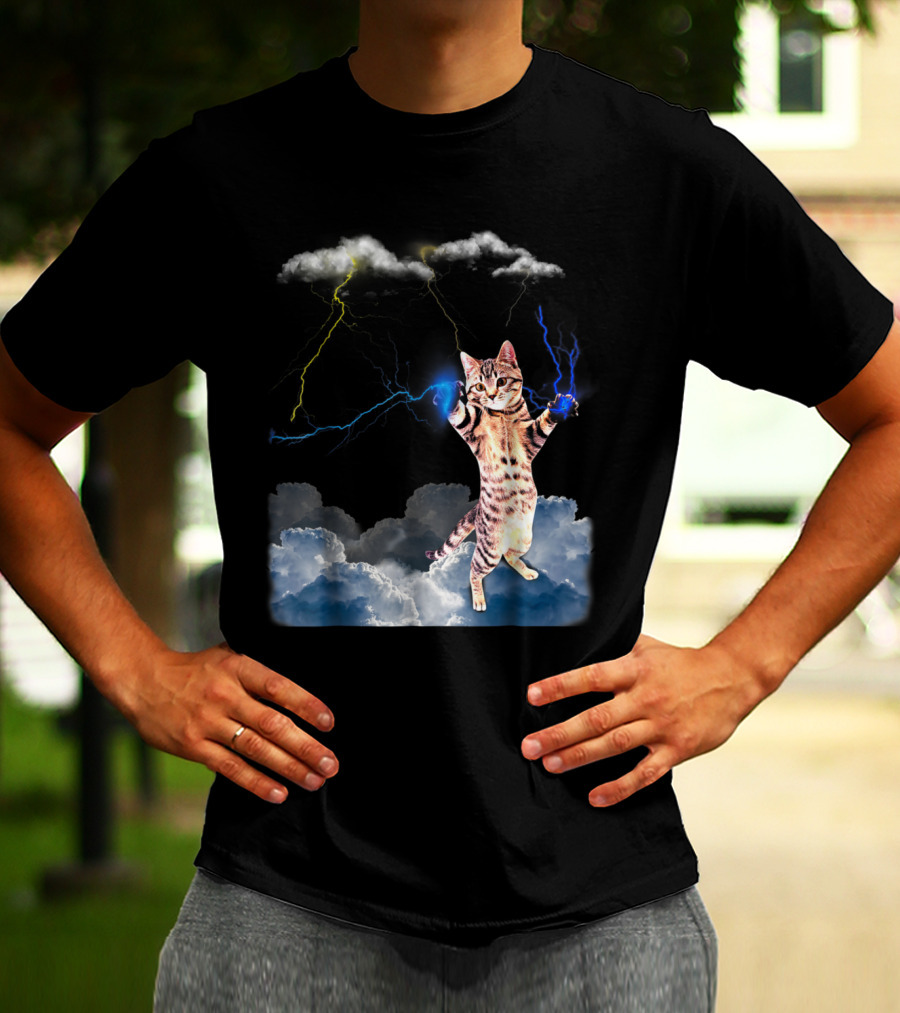 Lightning Cat With Stormy Clouds And Electric Bolts T-Shirt