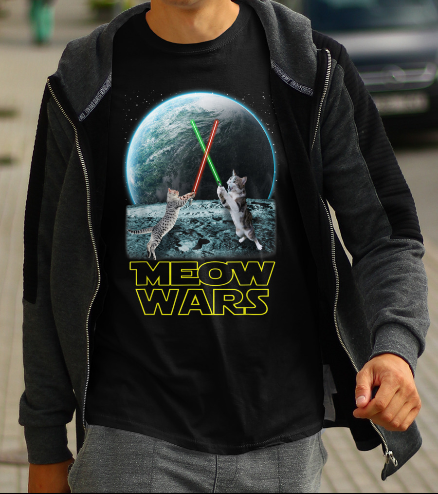 Meow Wars Funny Cats Lovers Galactic Duel With Light Sabers T-Shirt