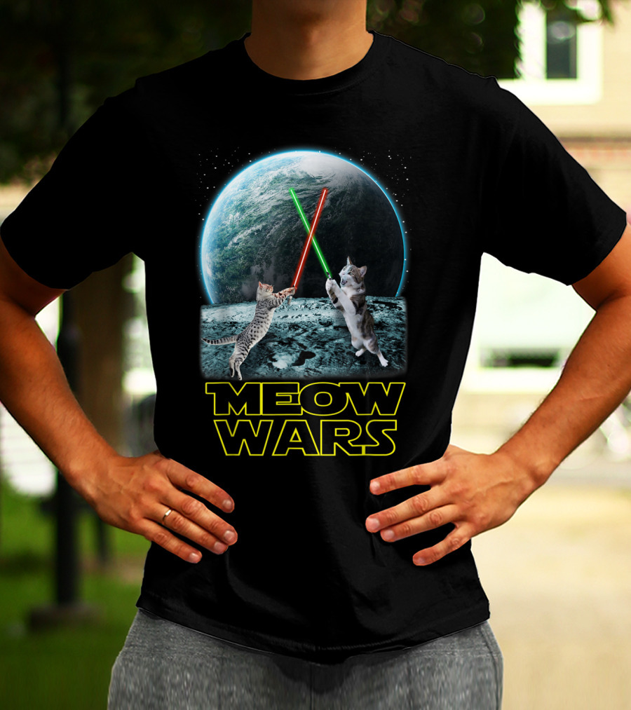 Meow Wars Funny Cats Lovers Galactic Duel With Light Sabers T-Shirt