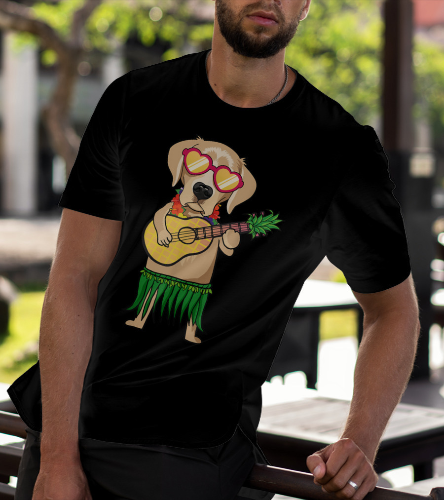 Labrador Retriever Ukulele Playing In Hawaiian Costume With Sunglasses Summer Vibes T-Shirt