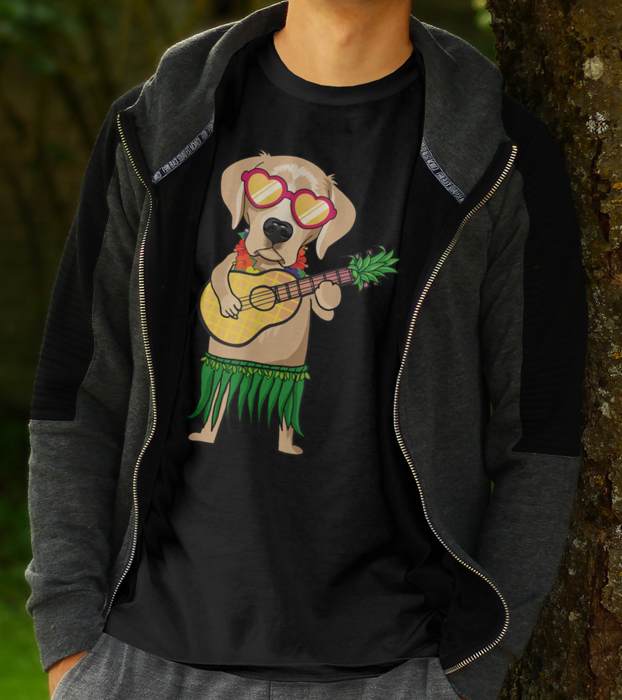 Labrador Retriever Ukulele Playing In Hawaiian Costume With Sunglasses Summer Vibes T-Shirt