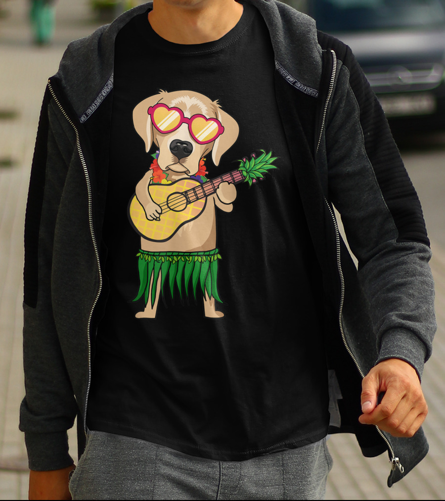 Labrador Retriever Ukulele Playing In Hawaiian Costume With Sunglasses Summer Vibes T-Shirt
