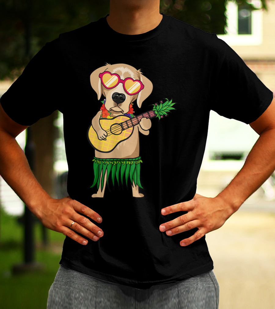 Labrador Retriever Ukulele Playing In Hawaiian Costume With Sunglasses Summer Vibes T-Shirt