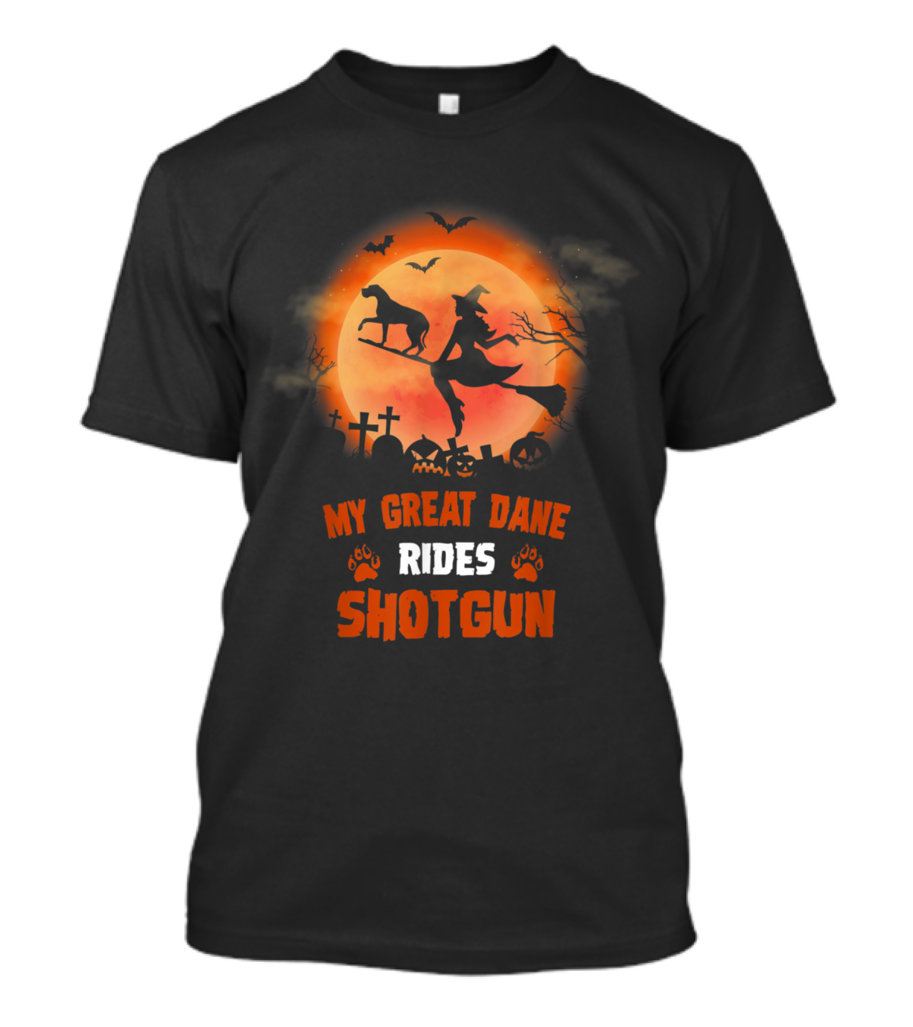 Great Dane Halloween Shotgun Witch And Dog Graveyard Scene T-Shirt