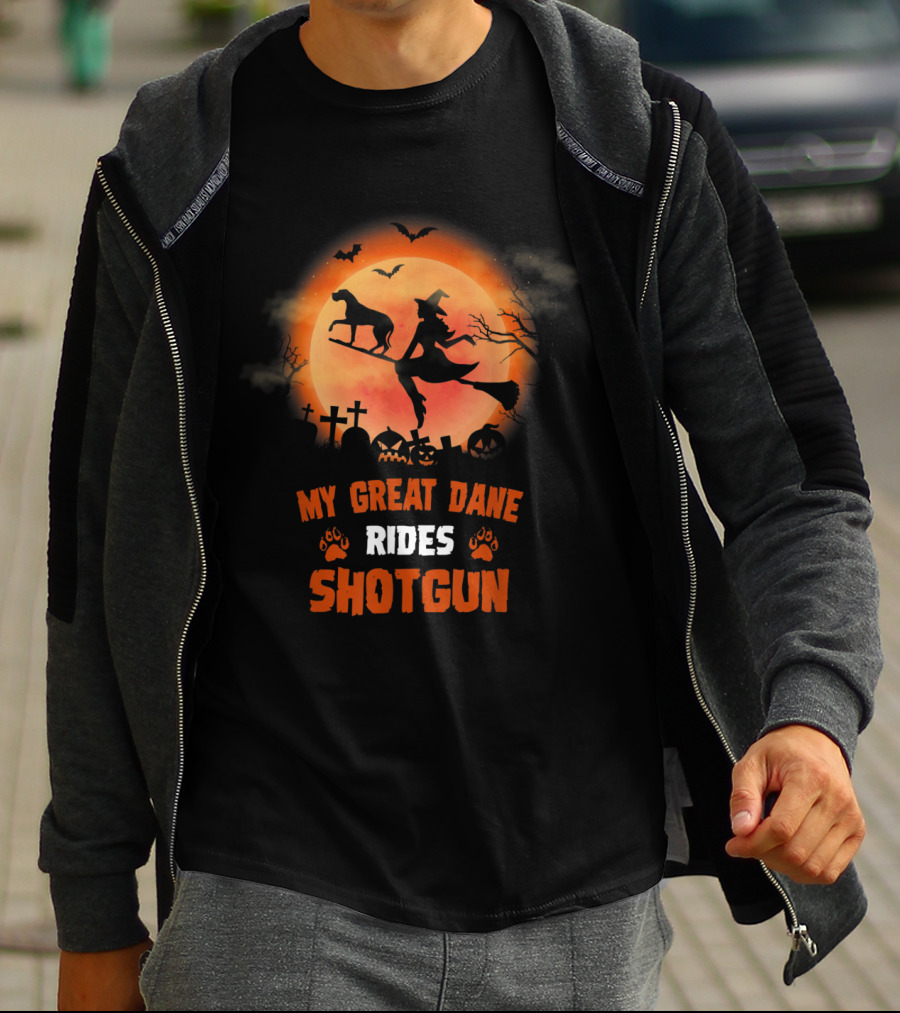 Great Dane Halloween Shotgun Witch And Dog Graveyard Scene T-Shirt