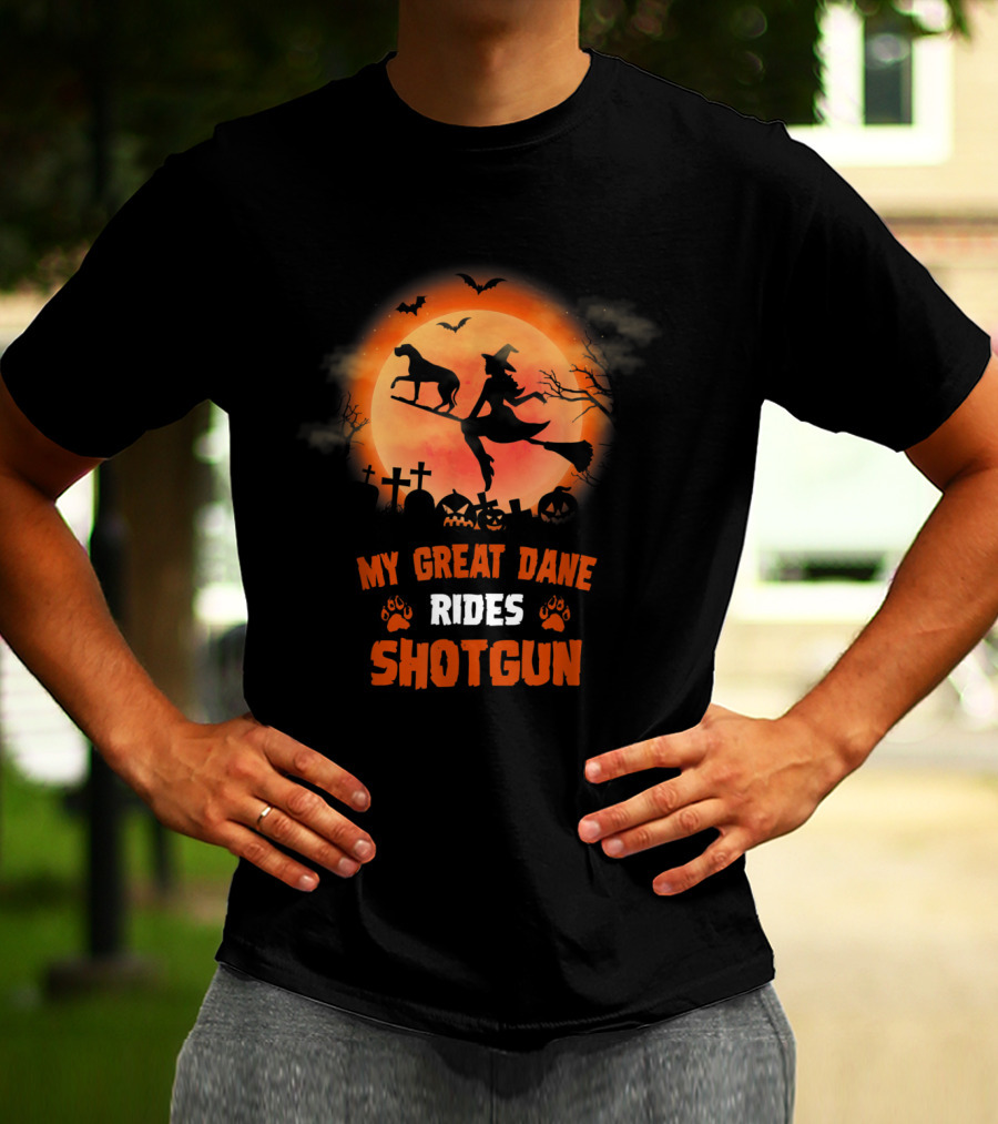 Great Dane Halloween Shotgun Witch And Dog Graveyard Scene T-Shirt