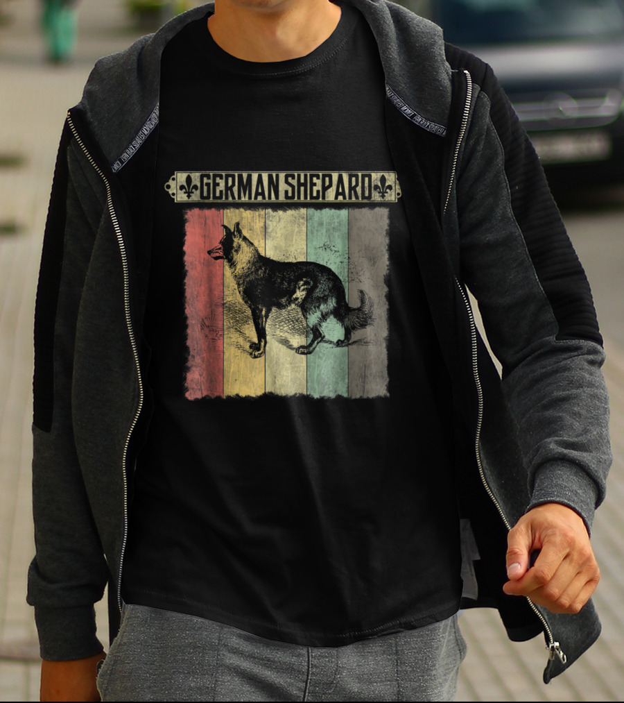 German Shepard Vintage Retro Distressed Style With Colorful Stripes T-Shirt
