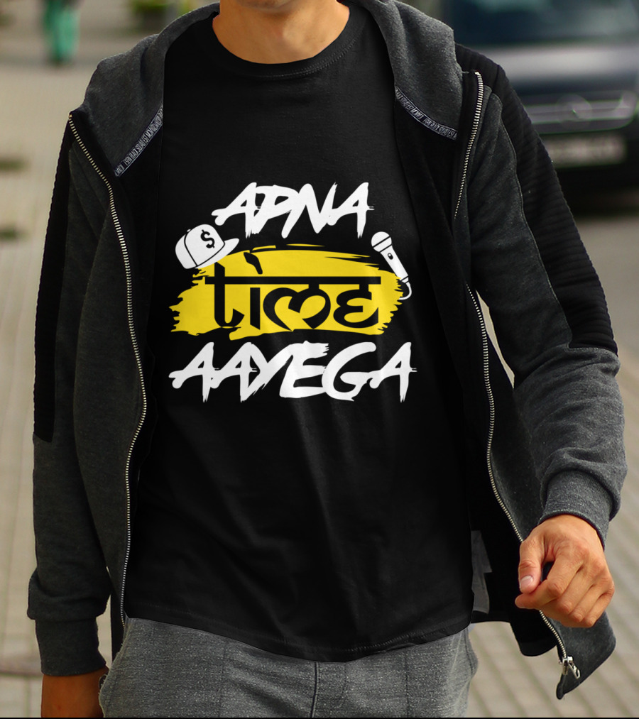 Apna Time Aayega Hip-Hop Cap And Microphone Desi T-Shirt