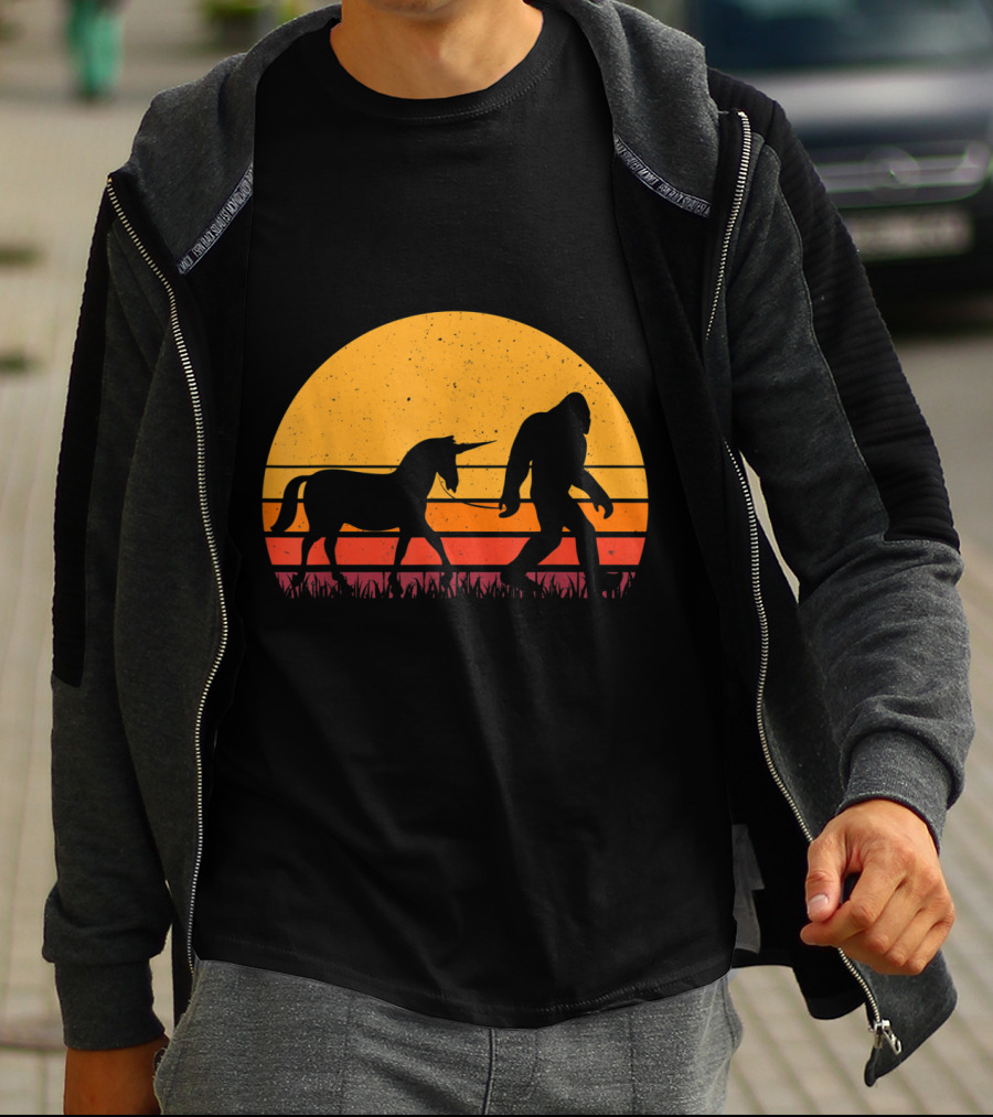 Bigfoot Sasquatch Walking Unicorn Retro Sunset T-Shirt