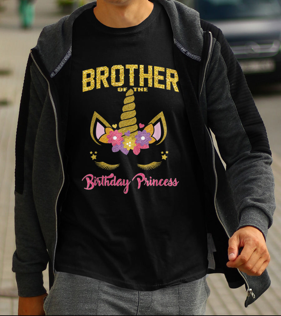 Brother Of The Birthday Princess Unicorn Flowers Hearts T-Shirt