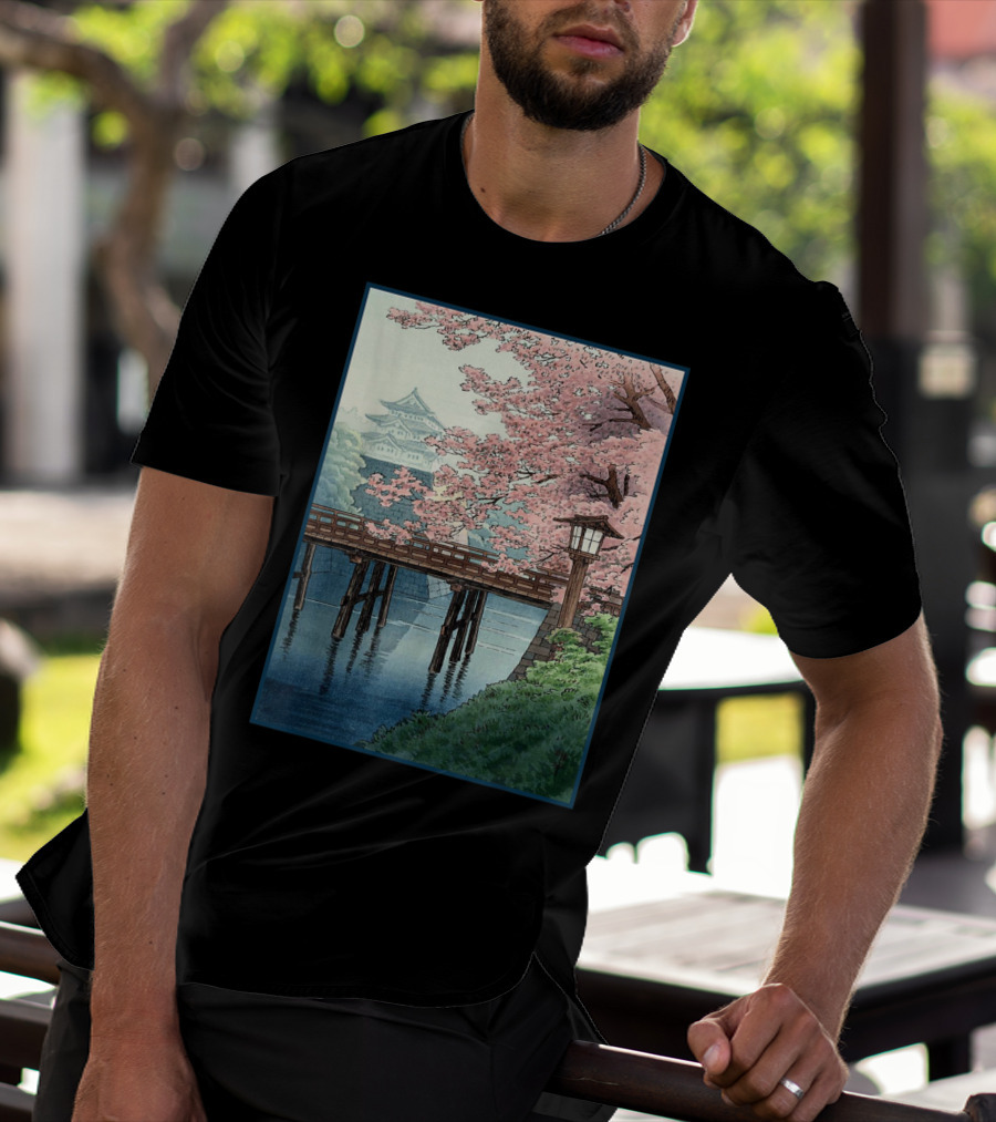 Japanese Cherry Blossom Woodblock Bridge And Pagoda Scene T-Shirt