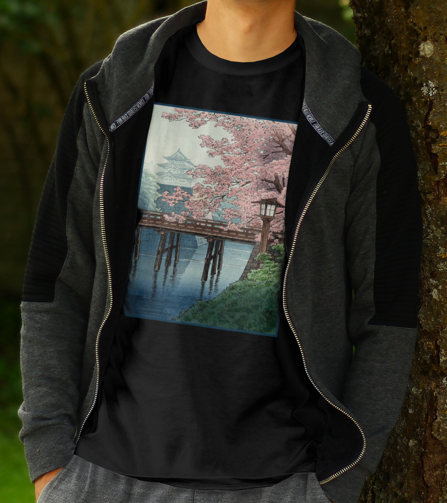 Japanese Cherry Blossom Woodblock Bridge And Pagoda Scene T-Shirt