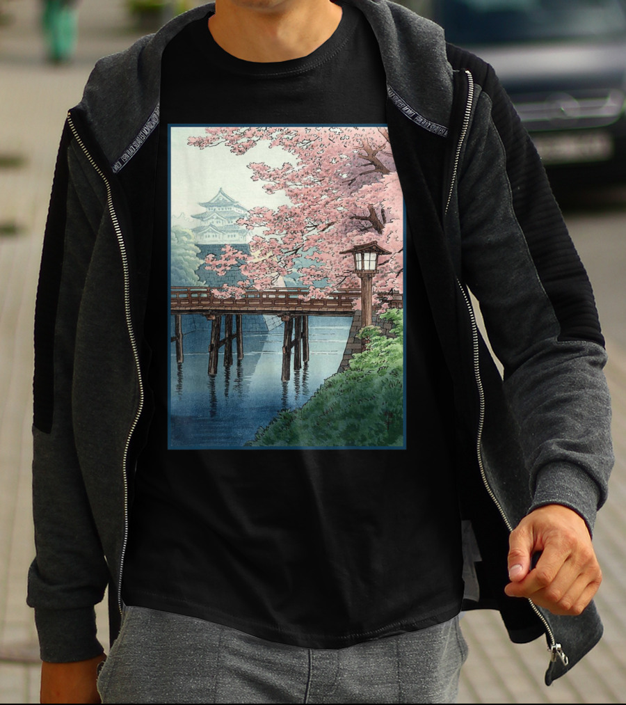 Japanese Cherry Blossom Woodblock Bridge And Pagoda Scene T-Shirt