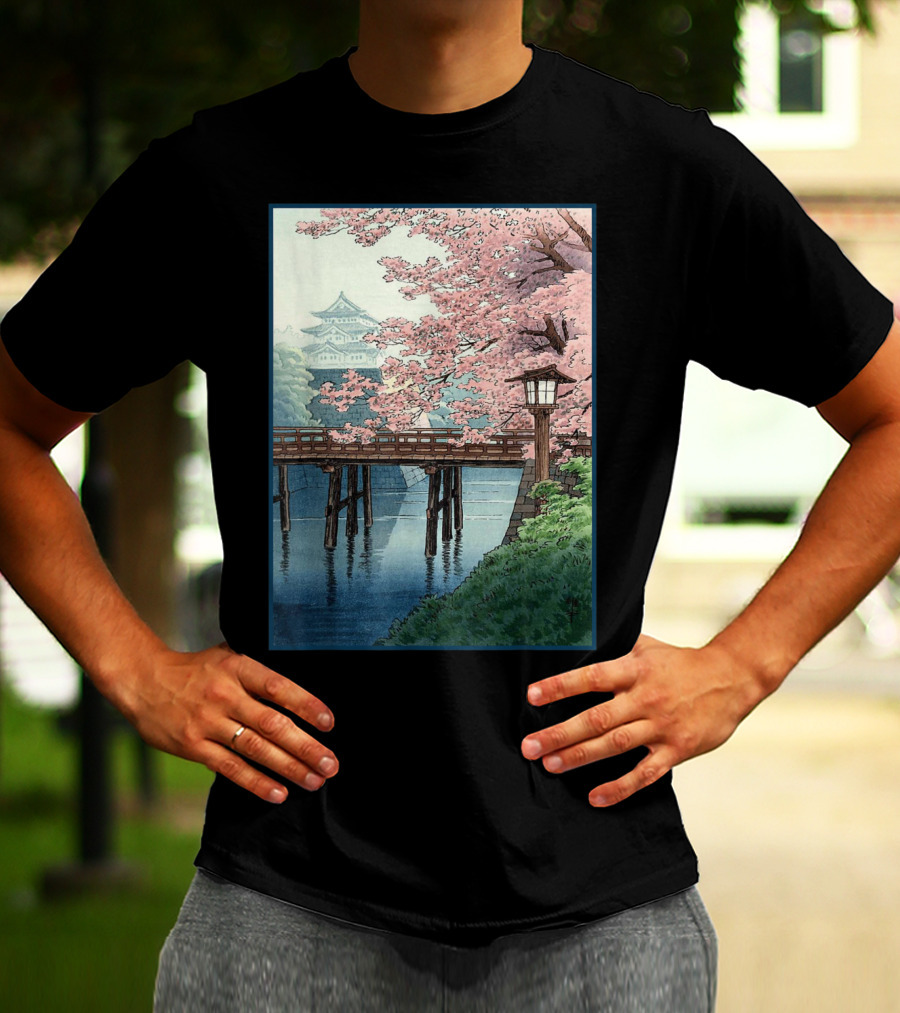 Japanese Cherry Blossom Woodblock Bridge And Pagoda Scene T-Shirt