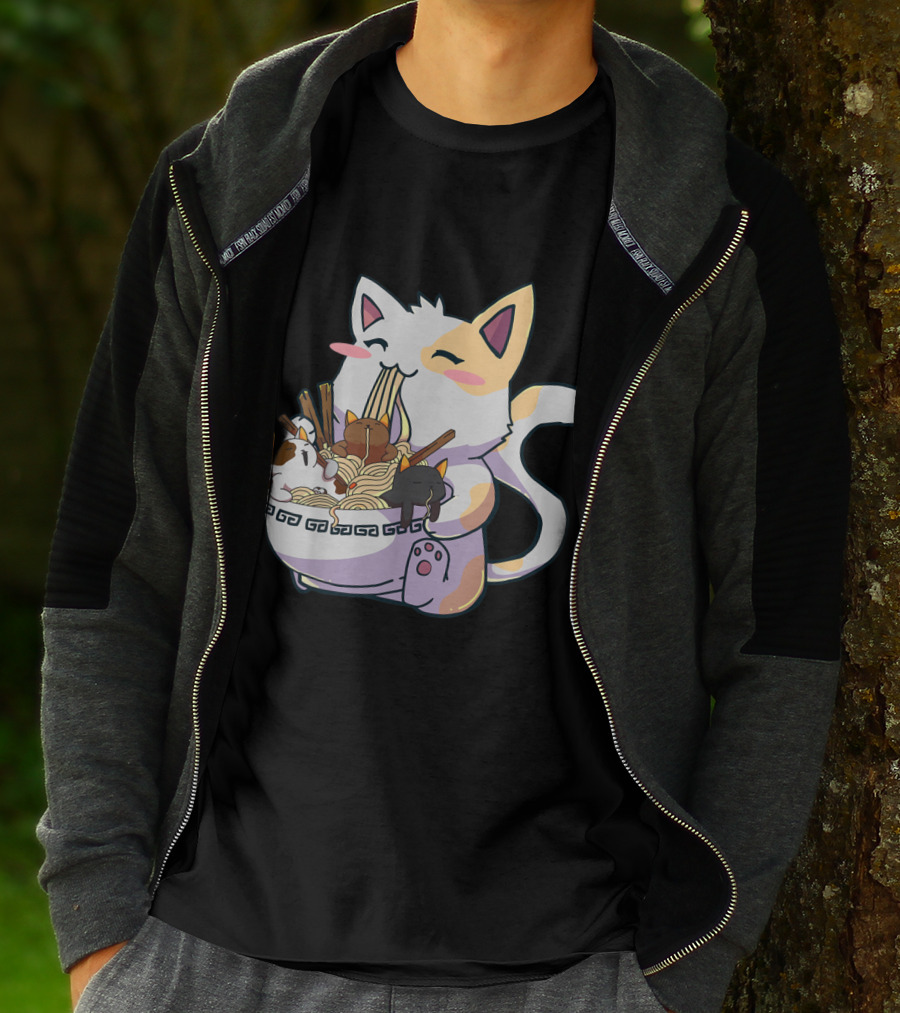 Kawaii Neko Cat With Ramen Bowl Anime Japanese Noodles And Chopsticks T-Shirt
