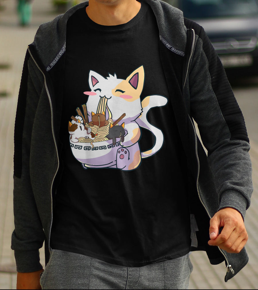 Kawaii Neko Cat With Ramen Bowl Anime Japanese Noodles And Chopsticks T-Shirt