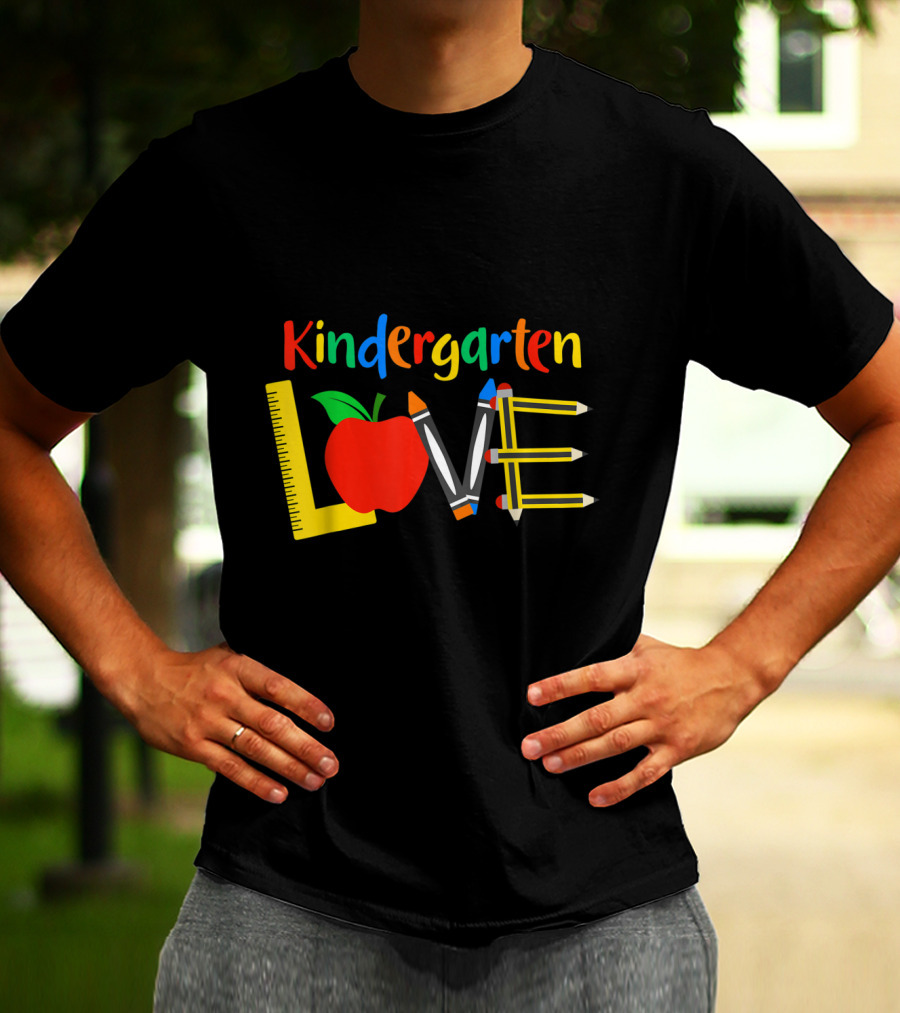 Kindergarten Love Apple Ruler Crayons Pencils T-Shirt