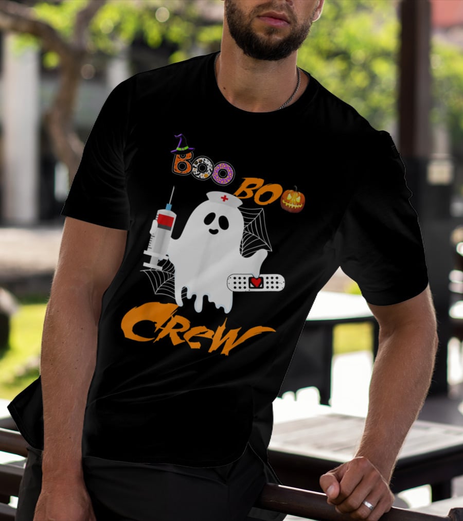 Boo Boo Crew Nurse Ghost Funny Halloween Costume With Syringe And Spider Webs T-Shirt