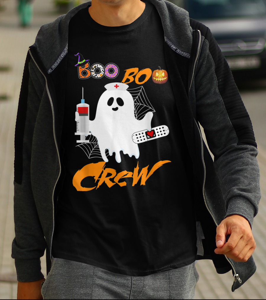 Boo Boo Crew Nurse Ghost Funny Halloween Costume With Syringe And Spider Webs T-Shirt