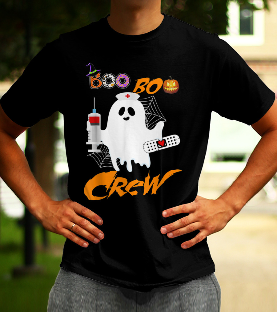 Boo Boo Crew Nurse Ghost Funny Halloween Costume With Syringe And Spider Webs T-Shirt