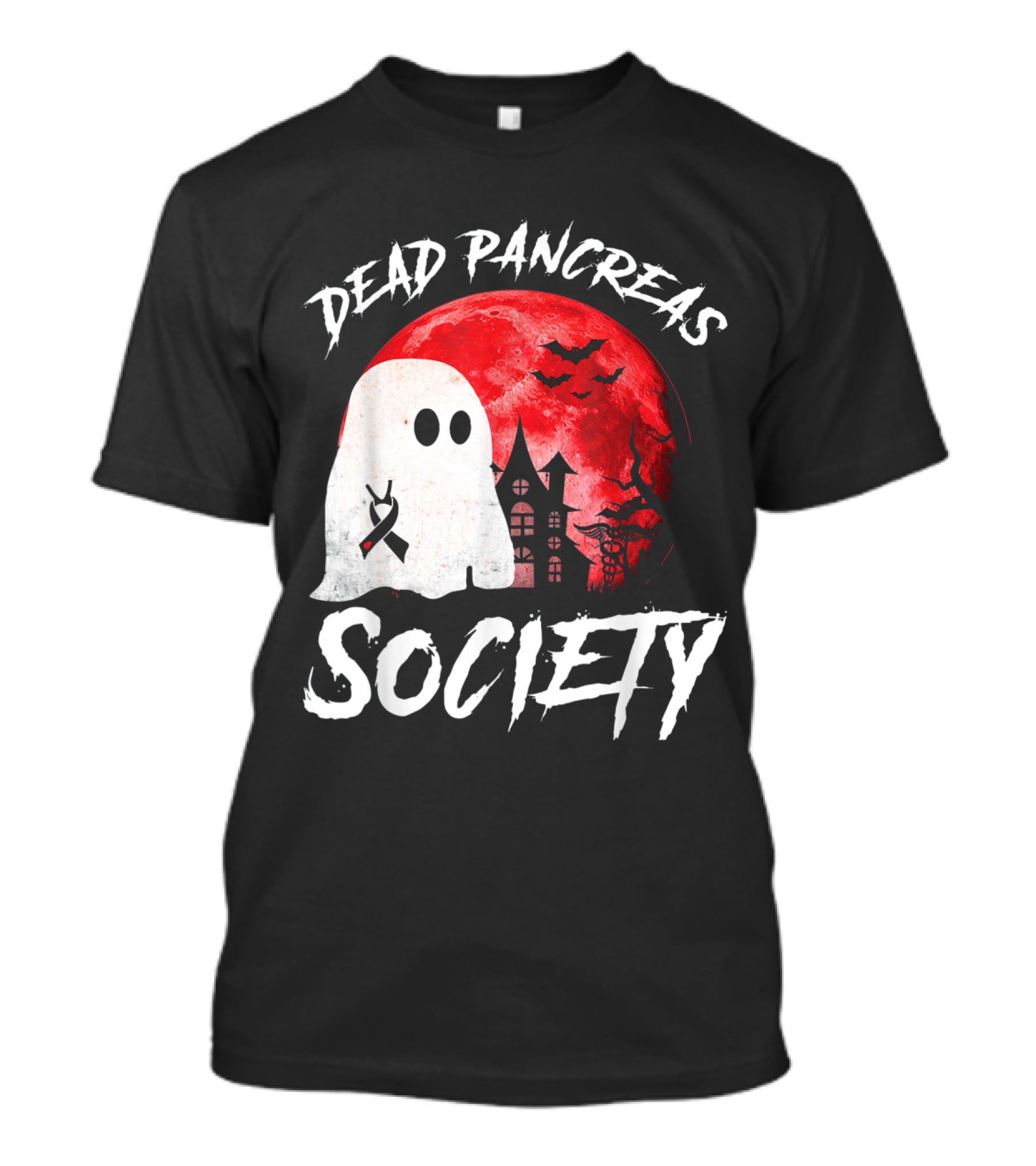 Dead Pancreas Society Halloween Ghost With Diabetes Awareness Ghostly Castle And Blood Moon T-Shirt