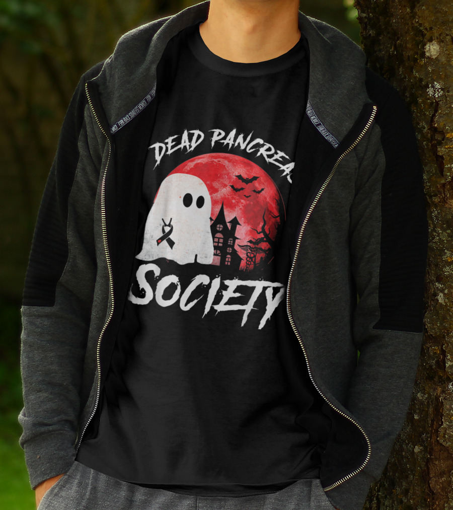 Dead Pancreas Society Halloween Ghost With Diabetes Awareness Ghostly Castle And Blood Moon T-Shirt