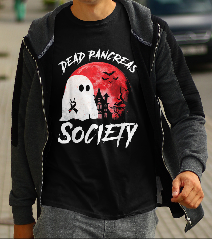 Dead Pancreas Society Halloween Ghost With Diabetes Awareness Ghostly Castle And Blood Moon T-Shirt