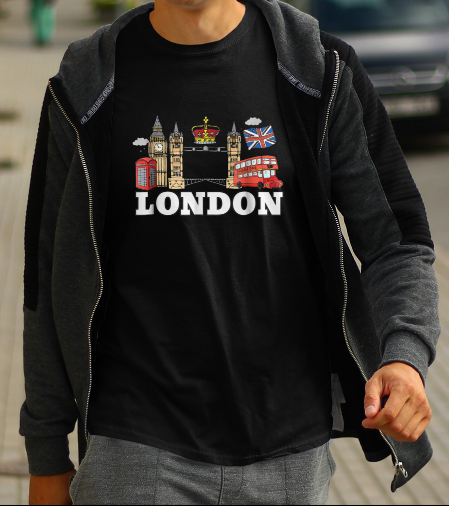 London Big Ben Tower Bridge British Icons Union Jack Double Decker Bus T-Shirt